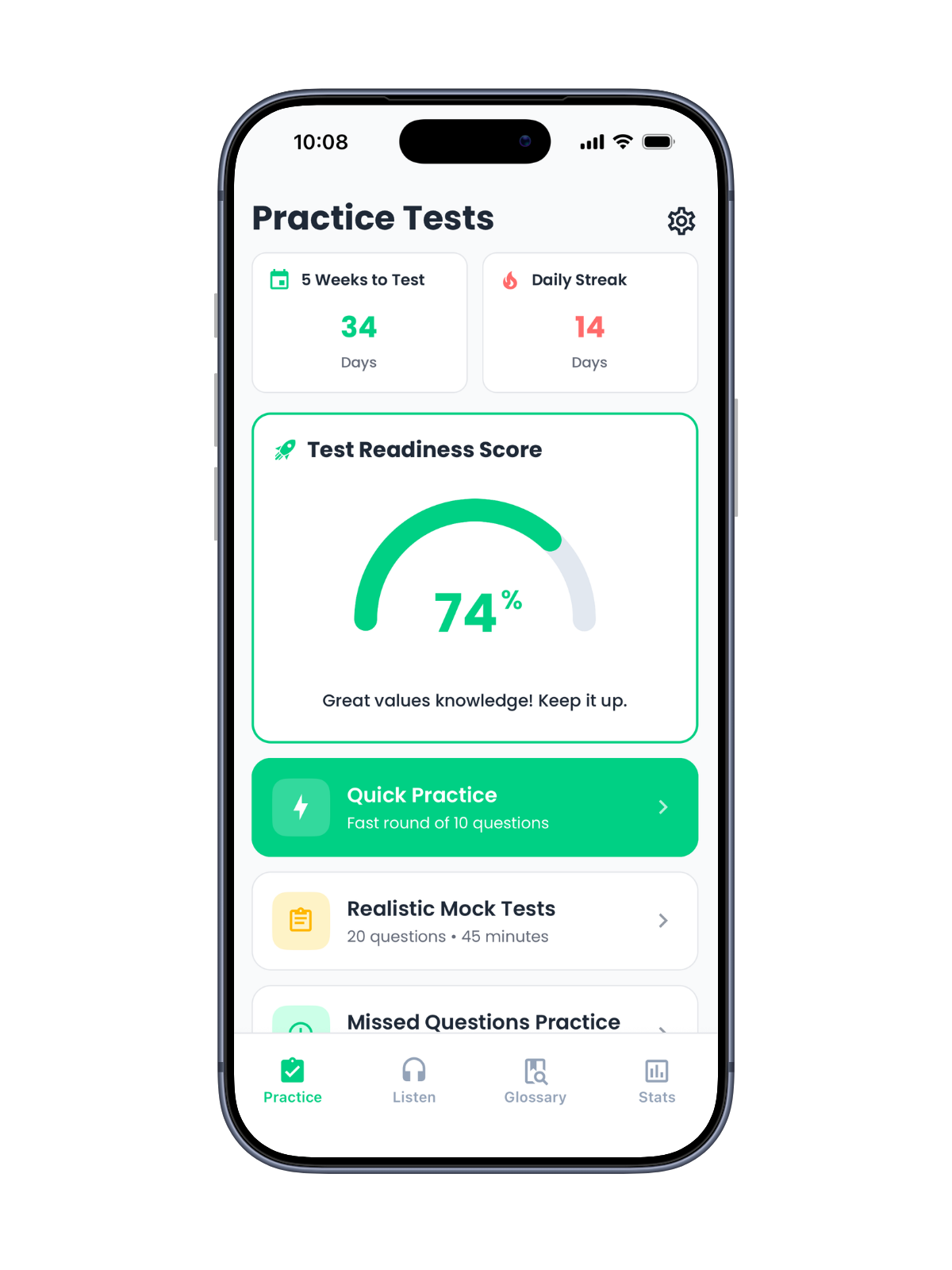 Aussie Citizenship Test showing the Practice Tests home screen with a 74% Test Readiness Score.