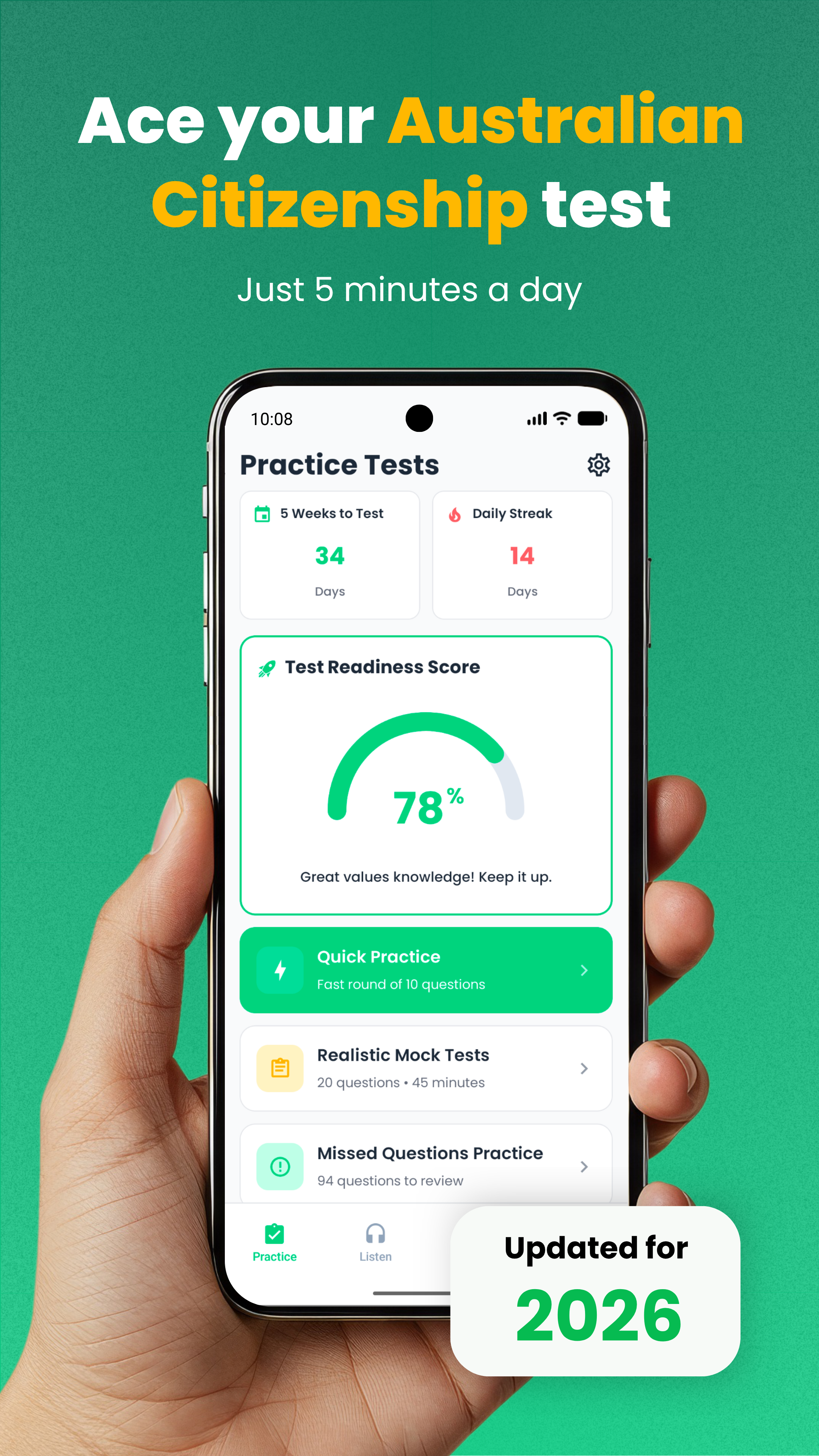 Ace your Australian Citizenship test — home screen with 78% Test Readiness Score.
