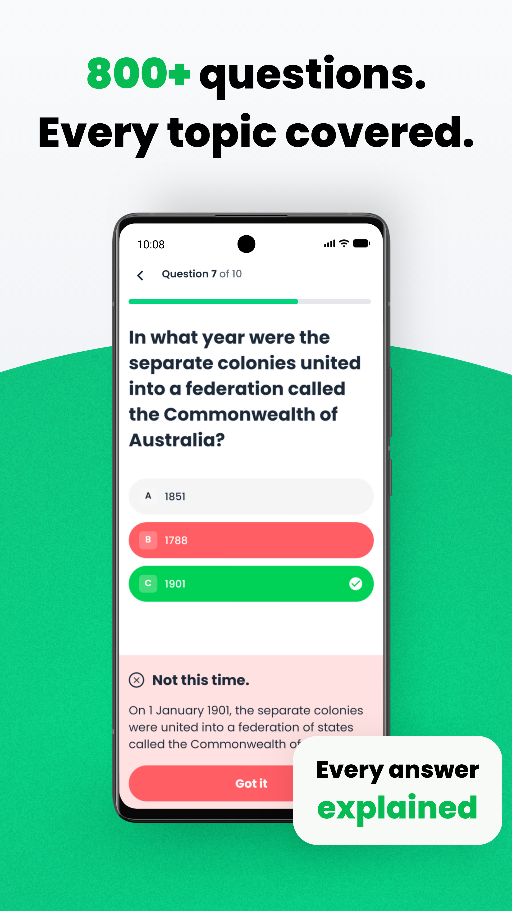800+ questions — every topic covered with plain-language explanations.