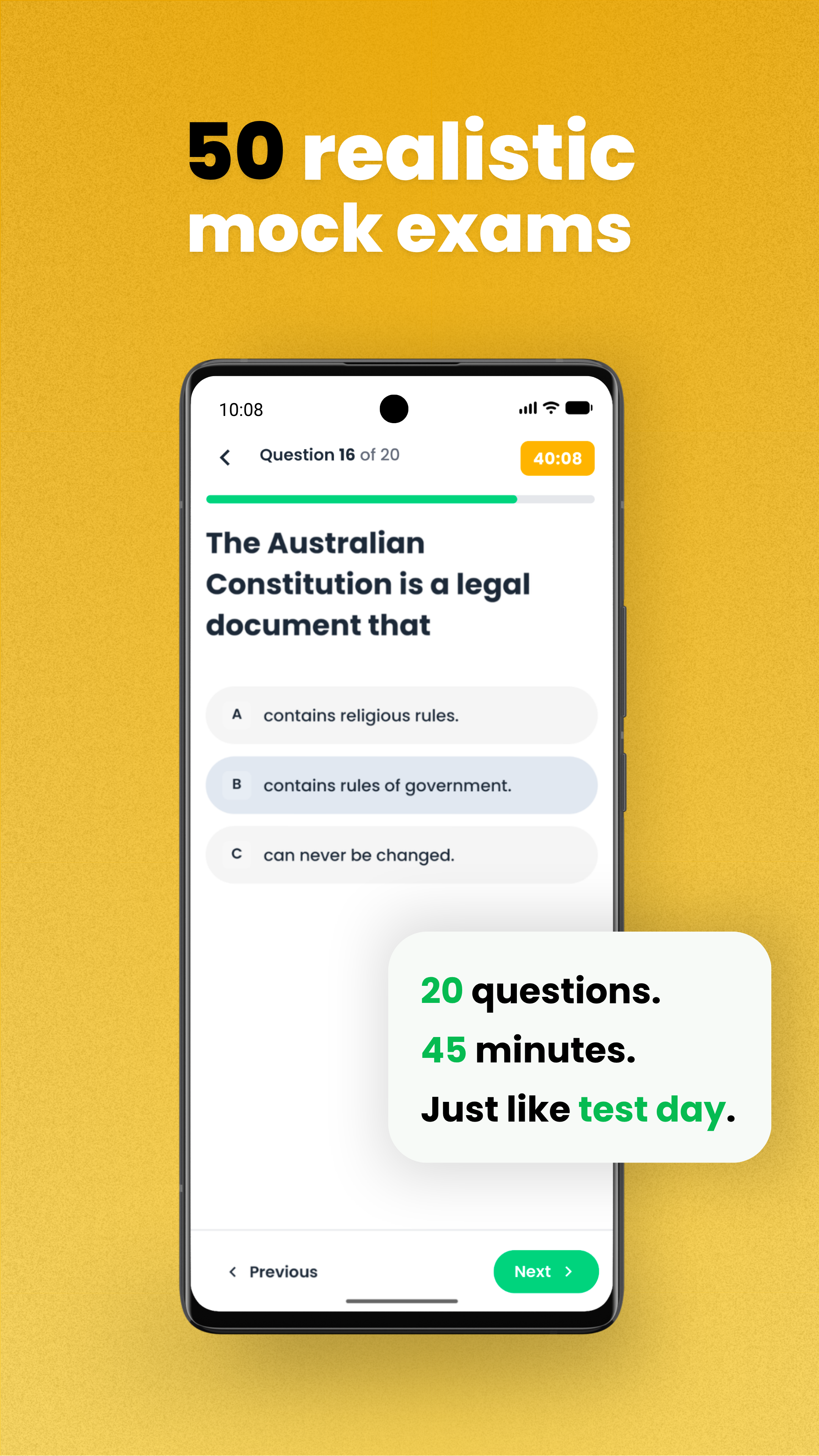 Mock exam screen with a 40:08 timer and the question 'The Australian Constitution is a legal document that...'