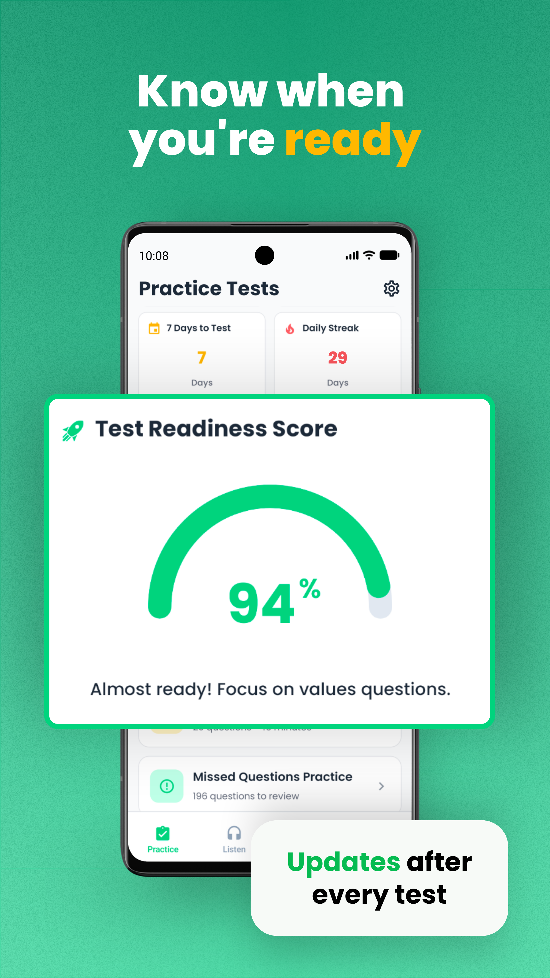 App screen reading 'Know when you're ready' with a 94% Test Readiness Score dial.