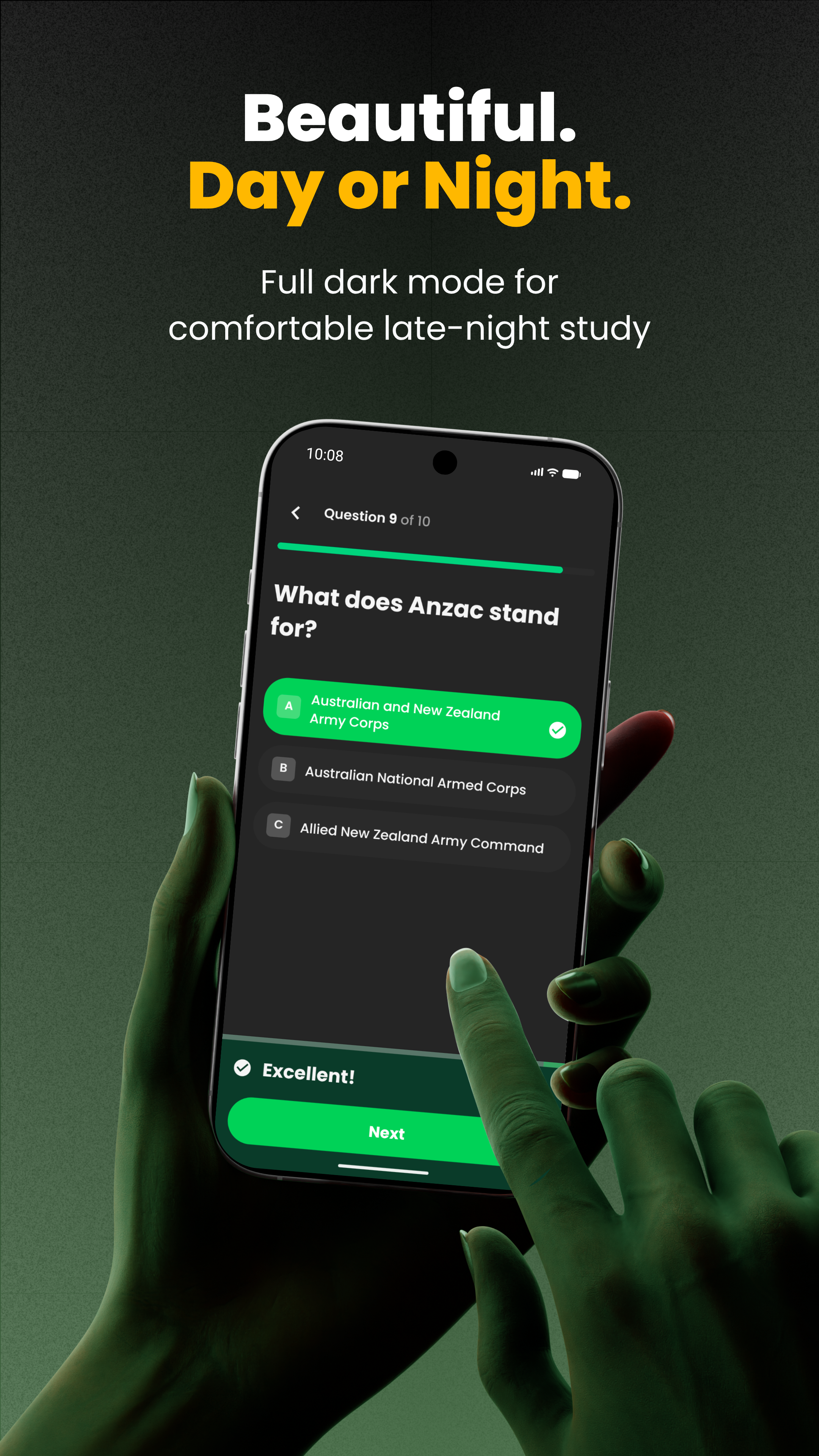 Beautiful day or night — full dark mode for late-night study.